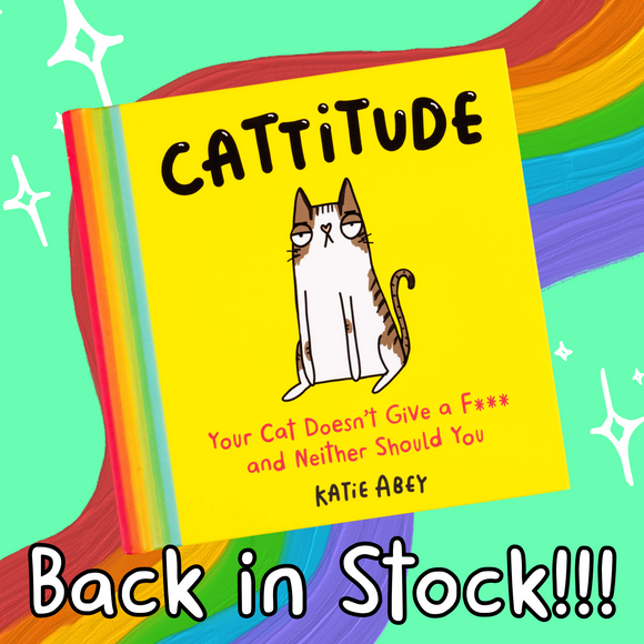 The Cattitude book illustrated by Katie Abey is sat in front of a teal backdrop with a rainbow and sparkles. The book is yellow with a rainbow spine and an illustration of an unimpressed looking cat.