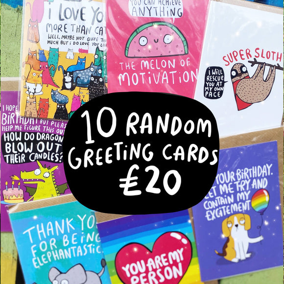 A graphic showing some cards by Katie Abey blurry in the background with '10 random greeting cards £20' written on the top in Katies handwriting
