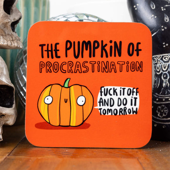 Fun Pumpkin of Procrastination art printed coaster, pumpkin with smiley face on tea coffee coaster with orange background. Designed by Katie Abey in the UK