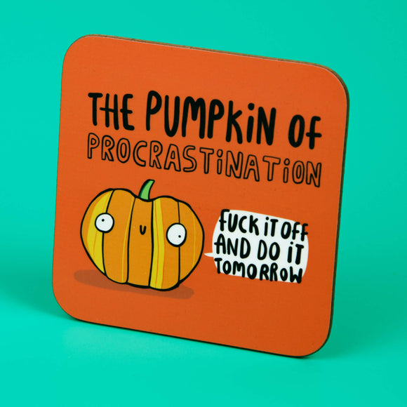 Fun Pumpkin of Procrastination art printed coaster, pumpkin with smiley face on tea coffee coaster with orange background. Designed by Katie Abey in the UK