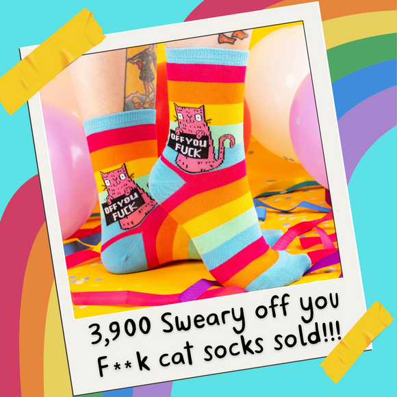Katie Abey Sweary Cat Off You F*ck Rainbow Rude Socks on a polaroid photo with a rainbow background