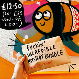 envelope with the words 'f***ing incredible mystery bundle' written on it. There is a Katie Abey illustration of a smiling bee. There is a speech bubble with text '£12.50 (for £25 worth of loot)'.