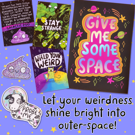 an array of new Katie Abey galaxy / outer-space themed hand drawn products, including stickers, postcards and an A5 print  