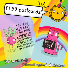 two postcards hand drawn by Katie Abey advertising £1.50 postcard deal this week