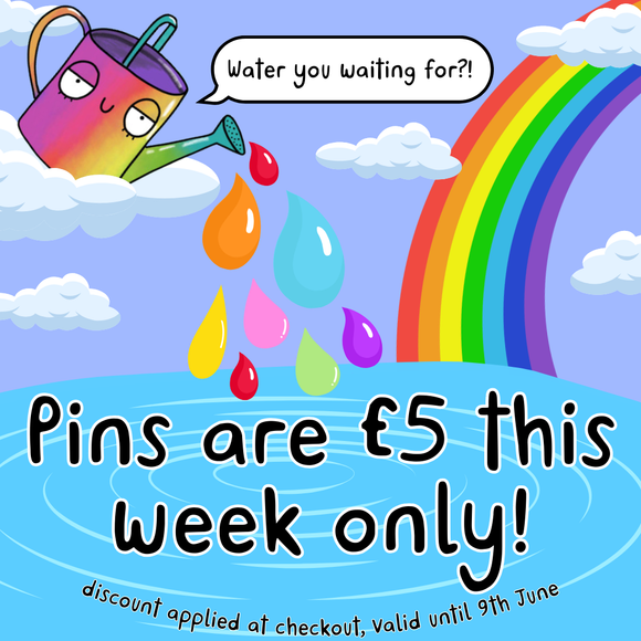 A graphic advertising £5 pin badge discount on Katie Abey enamel pins featuring hand drawn illustartions