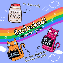 a graphic with an indigo background and a rainbow, clouds and sparkles across it. Three Katie Abey restocked enamel pin badges are shown with arrows and text to say a bit about them.