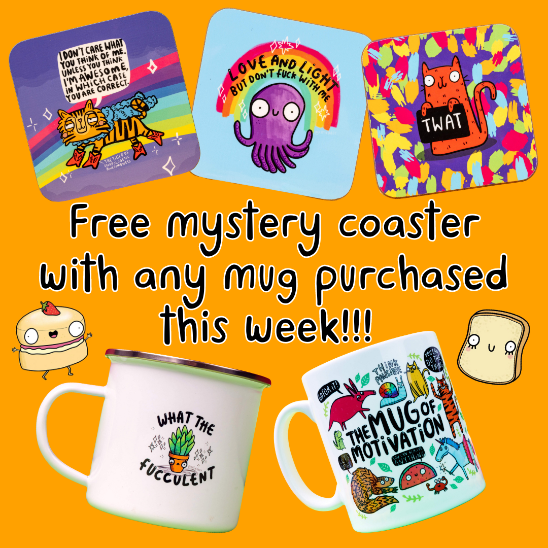 orange graphic with three hand drawn coasters by Katie Abey along with What The Fucculent Enamel Mug and The Mug of Motivation. Free mystery coaster with any mug purchased this week