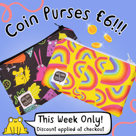 a graphic with 2 Katie Abey X Dawny's Sewing Room coin purses on and text reading 'coin purses £6. This week only, discount applied at checkout.'