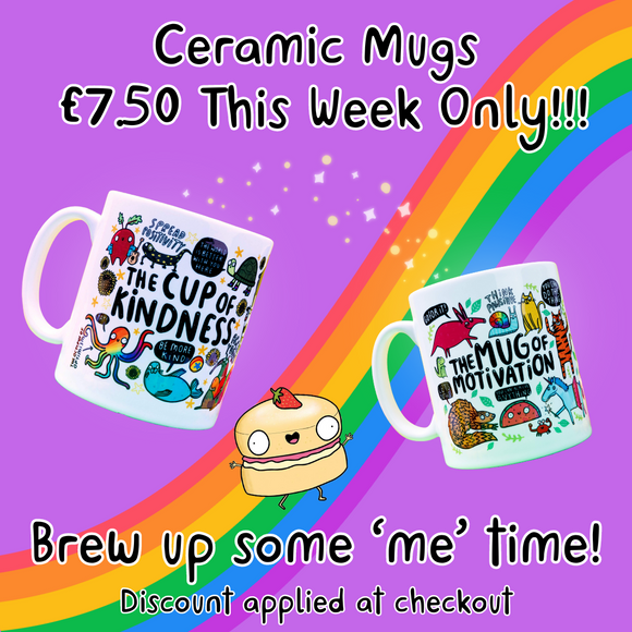 a graphic with Katie Abey The Cup Of Kindness and Mug of Motivation with text 'ceramic mugs £7.50 this week only.'