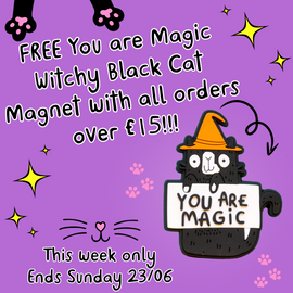 a graphic with Katie Abey hand drawn you are magic witchy black cat magnet free with all orders over £15. There are paw prints, whiskers and stars