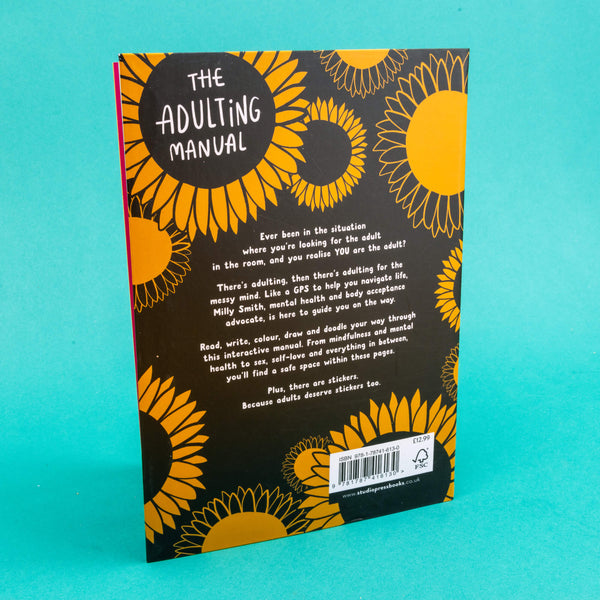 back cover of the Adulting Manual by Milly Smith illustrated by Katie Abey. It has lots of gold shiny flowers on a black background
