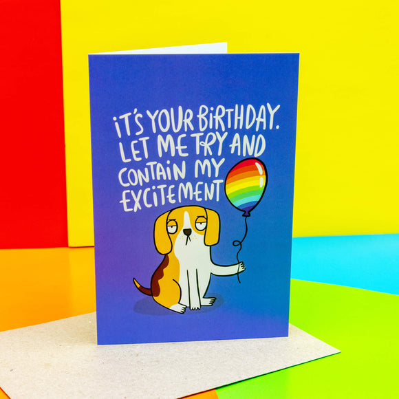 A floppy eared beagle dog on a blue A6 card holding a rainbow balloon looking very unenthusiastic with text saying 'it's your birthday let me try to contain my excitement' it is sat on its envelope and against a primary coloured background