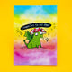 A6 postcard featuring a green dragon wearing a red toadstool mushroom hat with the hand-lettered phrase “Connected to My Awe” above. The background is a vibrant rainbow blend of yellow, blue, pink, and purple. Designed by Katie Abey, this whimsical illustration radiates magical positivity and is printed on premium-quality card stock.