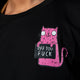 Close up of the Sweary Cat Off You Fck design on a black adults T shirt by Katie Abey. The illustration features a pink cartoon cat holding a sign with the words Off You Fck. The bold, humorous graphic sits on the chest, highlighting the playful and irreverent style of this quirky illustrated tee.
