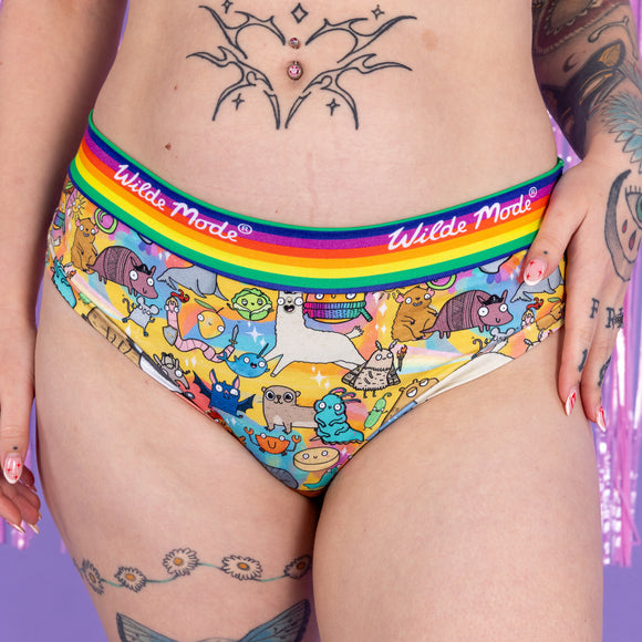Close up of Florence in the Wilde Mode x Katie Abey briefs with lots of fun characters and a rainbow waistband