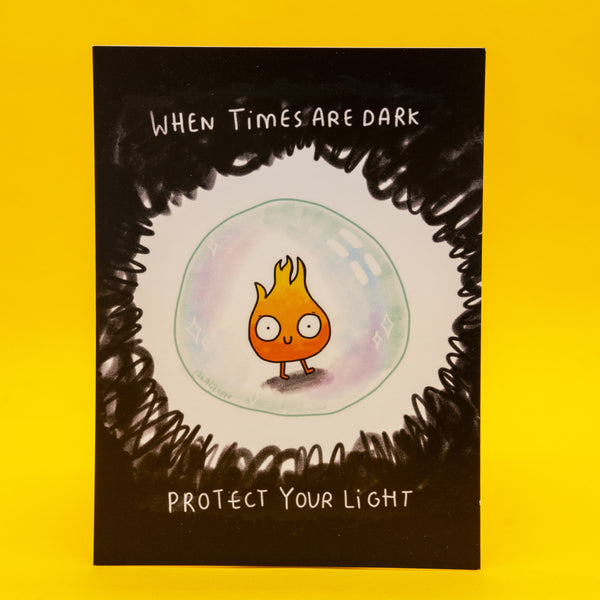 Katie Abey Protect Your Light A6 postcard featuring a cute flame character surrounded by dark scribbles with the quote “When times are dark, protect your light”. Inspirational illustrated art print by UK illustrator Katie Abey, perfect for mental health positivity, quirky home decor, alternative stationery lovers and fans of weird, uplifting artwork.
