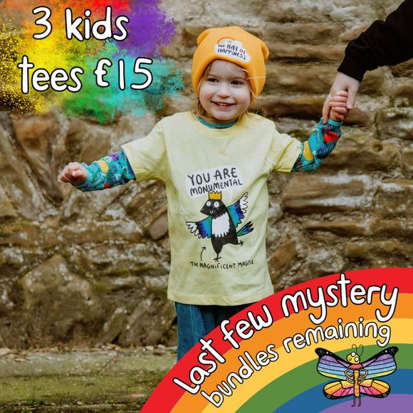 3 mystery kids tees for £15. Designed by Katie Abey in the UK