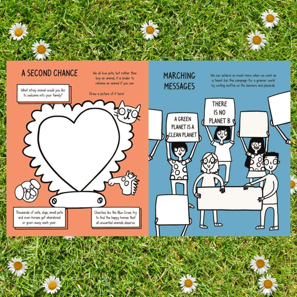 Pages in the Be Green Activity Book illustrated by Katie Abey. One page includes a drawing activity about adopting stray animals and the other has an activity on saving the planet. The book is laying on the grass amongst daisies.