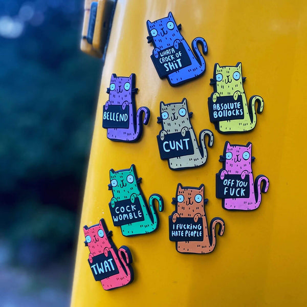 Rainbow coloured rubber cat fridge magnets with smiley face holding sweary rude sign in blue purple yellow taupe brown green orange pink and red by katie abey
