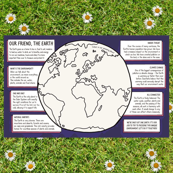 An activity on the environment spread across two pages of the Be Green Activity Book illustrated by Katie Abey. The book is laid on some grass amongst daisies.