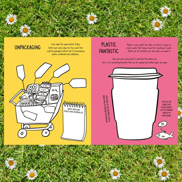 Pages in the Be Green Activity Book illustrated by Katie Abey. One page includes a writing activity for a plastic free shopping list and the other has an activity on decorating a plastic free cup. The book is laying on the grass amongst daisies.