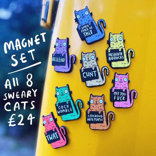 Swear Word Purple and Black Cat Fridge Magnet holding funny sign available in blue, purple, yellow brown taupe pink green orange and red. Designed by Katie Abey in the UK