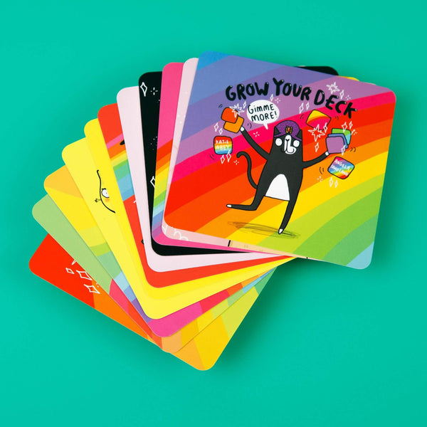 Happiness Enchanters Grow Your Deck, feel-good top up deck of 10 rainbow oracle cards to add to your pack. Designed and printed in the UK by Katie Abey and Angela Sandland.