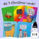 Image of a set of five colourful Christmas cards from Katie Abey, displayed against a snowy background. Each card features a different animal with a humorous Christmas message. From left to right: a pheasant with the text "Here is Your Christmas Pheasant," a duck with "Have a Ducking Excellent Christmas," a beaver with "Have a Dam Good Christmas," a llama with a message about the "Christmas Llama" watching you, and two cats wishing "A Meowy Christmas." A snowman wearing a "Brain Cosy" hat shows the discount