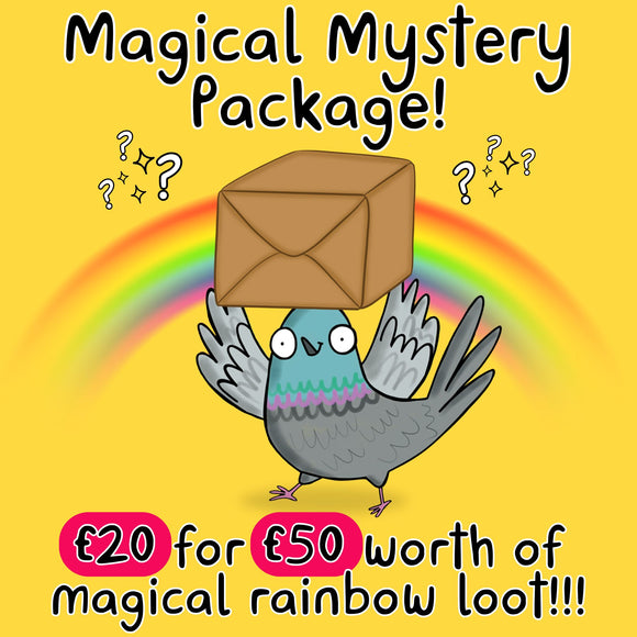 
Bright yellow promotional graphic for Katie Abey’s “Magical Mystery Package.” Features a happy cartoon pigeon with a parcel on its head, standing in front of a colourful rainbow. Text reads “Magical Mystery Package! £20 for £50 worth of magical rainbow loot!!!” Surrounded by sparkles and question marks, the image teases a fun and surprise-filled deal from Katie Abey’s quirky, uplifting product range.