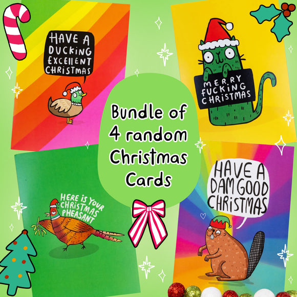 Colourful promotional image for Katie Abey’s “Bundle of Four Random Christmas Cards” featuring four funny festive card designs: a duck saying “Have a Ducking Excellent Christmas”, a cat with “Merry F*cking Christmas”, a pheasant with “Here is Your Christmas Pheasant”, and a beaver with “Have a Dam Good Christmas.” Bright rainbow backgrounds with festive doodles and text in bold white font.