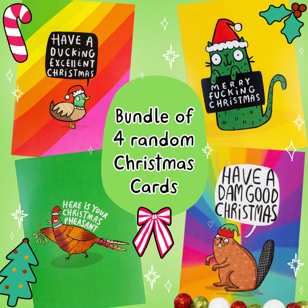 Colourful promotional image for Katie Abey’s “Bundle of Four Random Christmas Cards” featuring four funny festive card designs: a duck saying “Have a Ducking Excellent Christmas”, a cat with “Merry F*cking Christmas”, a pheasant with “Here is Your Christmas Pheasant”, and a beaver with “Have a Dam Good Christmas.” Bright rainbow backgrounds with festive doodles and text in bold white font.