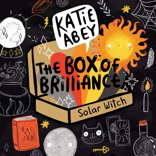 "The Box of Brilliance: Solar Witch" with vibrant designs. Features a smiling sun, a magical black cat, crystals, and witchy elements like tarot cards and potions. Background includes bold doodles of moons and stars, with a playful and quirky style encouraging self-expression and weirdness. Perfect for fans of alternative art and whimsical creativity from this small UK business.