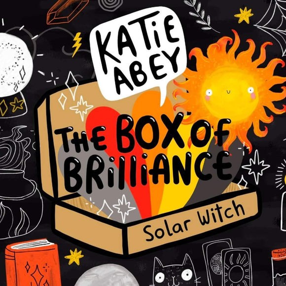 "The Box of Brilliance: Solar Witch" with vibrant designs. Features a smiling sun, a magical black cat, crystals, and witchy elements like tarot cards and potions. Background includes bold doodles of moons and stars, with a playful and quirky style encouraging self-expression and weirdness. Perfect for fans of alternative art and whimsical creativity from this small UK business.