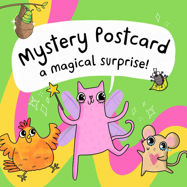 Brightly coloured illustration by Katie Abey featuring a pink cat with fairy wings, an orange chicken, a crying mouse with a heart on its chest, a beetle on a leaf, and a cocoon on a branch. The text reads "Mystery Postcard, a magical surprise!" against a vibrant green, yellow, and pink swirly background. Quirky and fun, the design encourages embracing your weirdness.