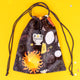 oracle bag with sun, moons and potions illustrated by Katie Abey on a black base. It is on a yellow background.