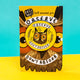 The Observe Don't Absorb Enamel Pin Badge on a brown owl backing card stood on a yellow and teal card background. The yellow base circle soft enamel pin has a brown smiley owl with big eyes surrounded by sparkles and two feathers with text in white banners reading 'observe don't absorb'.