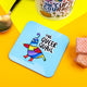Queer Quail Coaster is a rainbow illustration of a quail with red boots on looking fabulous illustrated by Katie Abey next to it text reads 'the Queer Quail