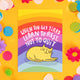 A postcard with a resting cat illustration by Katie Abey on a rainbow background with the words 'when you get tired learn to rest, not to quit on a yellow background with colourful confetti, fake daisies and pom poms.