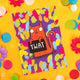 a postcard with a red cat holding a black sign saying 'twat' the cat is on a purple background with multicoloured thick squiggles. It is laying on a yellow background with multicoloured confetti, daisies and pom poms.