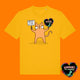 Front view of the Katie Abey Grateful To Be Here But Respectfully WTF adults graphic t shirt in spectra yellow. Features a humorous orange cartoon cat holding two protest signs with funny wording. Quirky graphic tee illustrated by Katie Abey. WTF is covered by a 'naughty' warning sign. 