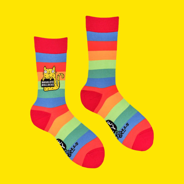 Flat-lay of Katie Abey's "Absolute Bollocks" socks showing the bright rainbow stripes and a cartoon yellow cat holding a sign. Designed to encourage individuality, these funky socks bring bold colours and a touch of weirdness to everyday style.