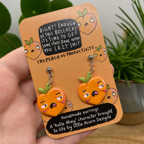 Handmade Peach of Productivity earrings handmade from resin, this orange peach tells you that 'it's time to get stuff done'. Designed and made by Katie Abey X Little Acorn Designs in the UK