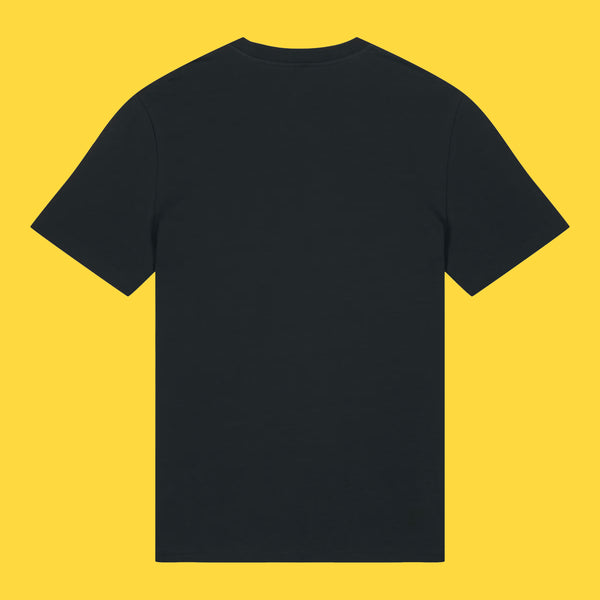 Black unisex adults t shirt shown from the back against a bright yellow background. Plain back with short sleeves, crew neckline and relaxed fit. Organic cotton Katie Abey t shirt designed for everyday comfort.