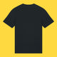 Black unisex adults t shirt shown from the back against a bright yellow background. Plain back with short sleeves, crew neckline and relaxed fit. Organic cotton Katie Abey t shirt designed for everyday comfort.