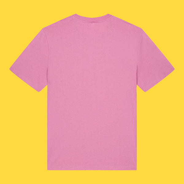 Bubble pink unisex t shirt shown from the back against a bright yellow background. Plain back with short sleeves, crew neckline and relaxed fit. Organic cotton Katie Abey adult tee.