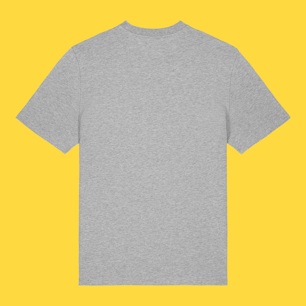 Heather grey unisex t shirt shown from the back against a bright yellow background. Plain back with a relaxed fit, short sleeves and crew neckline. Organic cotton Katie Abey adult tee designed for comfort and everyday wear.