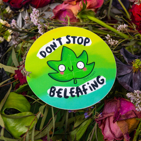 The Don't Stop Beleafing Vinyl Sticker on purple, red, pink and green foliage. The yellow to aqua blue gradient circular sticker has a smiling sycamore leaf with blushed pink cheeks, surrounding is black and white text reading 'don't stop beleafing'.