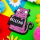 Funny fridge magnet sweary rainbow cats. Purple and black smiley cat holding sign. Designed by Katie Abey in the UK