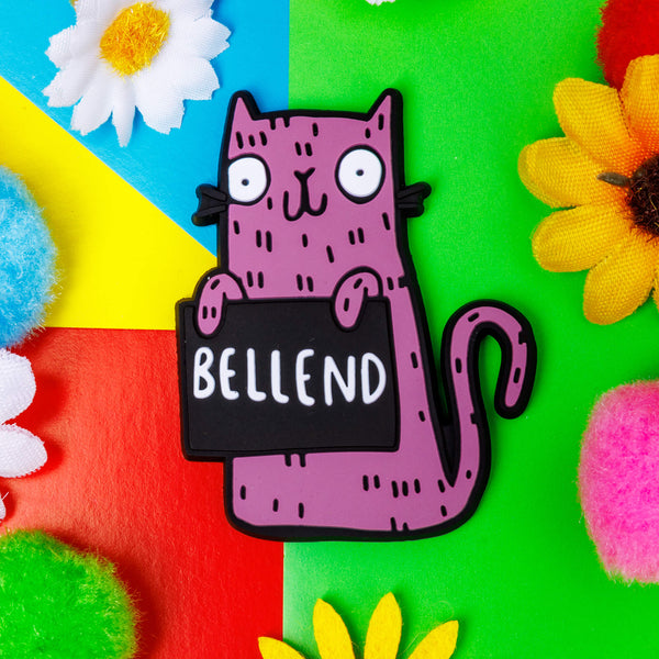 Funny fridge magnet sweary rainbow cats. Purple and black smiley cat holding sign. Designed by Katie Abey in the UK