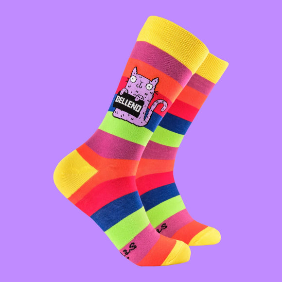 Bright rainbow striped socks featuring Katie Abey's quirky purple cat design holding a "Bellend" sign. These vibrant crew socks combine bold colours with hilarious weirdness, encouraging self-expression and fun. Perfect for gifting or spicing up your sock drawer.